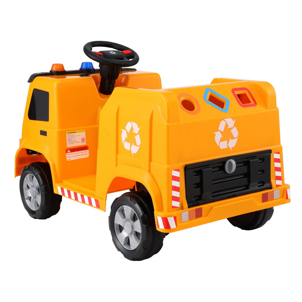 Rigo 12V Kids Electric Ride On Garbage Truck with Police Lights, ideal for imaginative play.