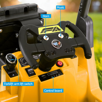 Yellow 12V electric forklift toy car for kids with remote control, ideal for home play.