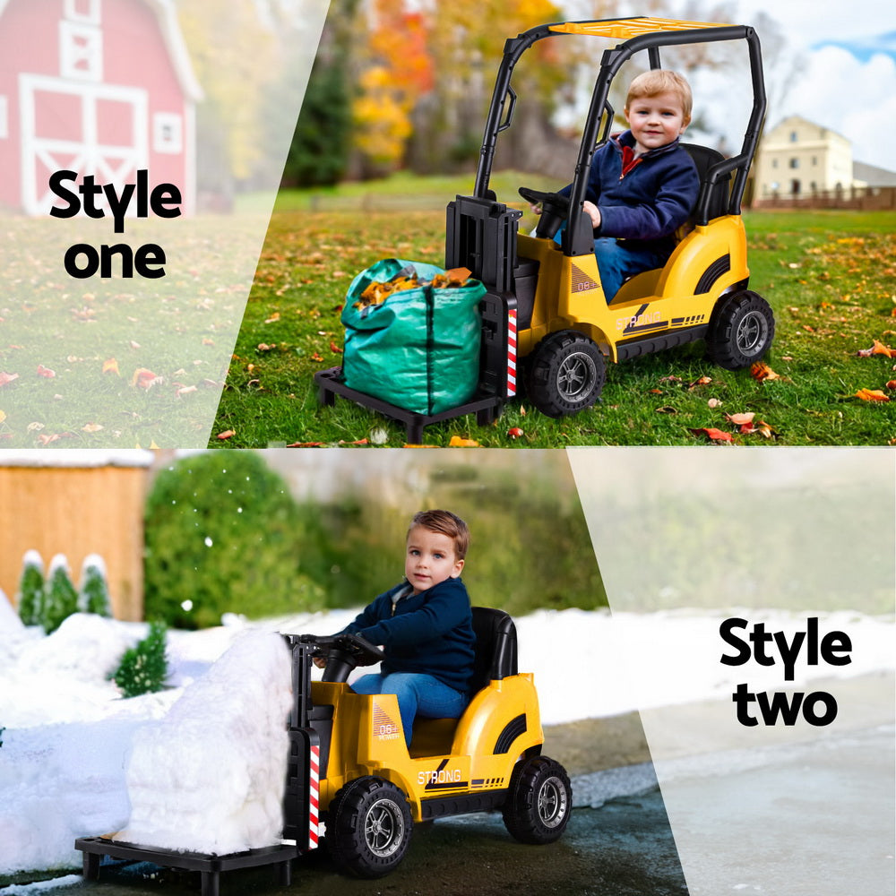 Yellow 12V electric forklift toy car - remote control, fun home play for kids.