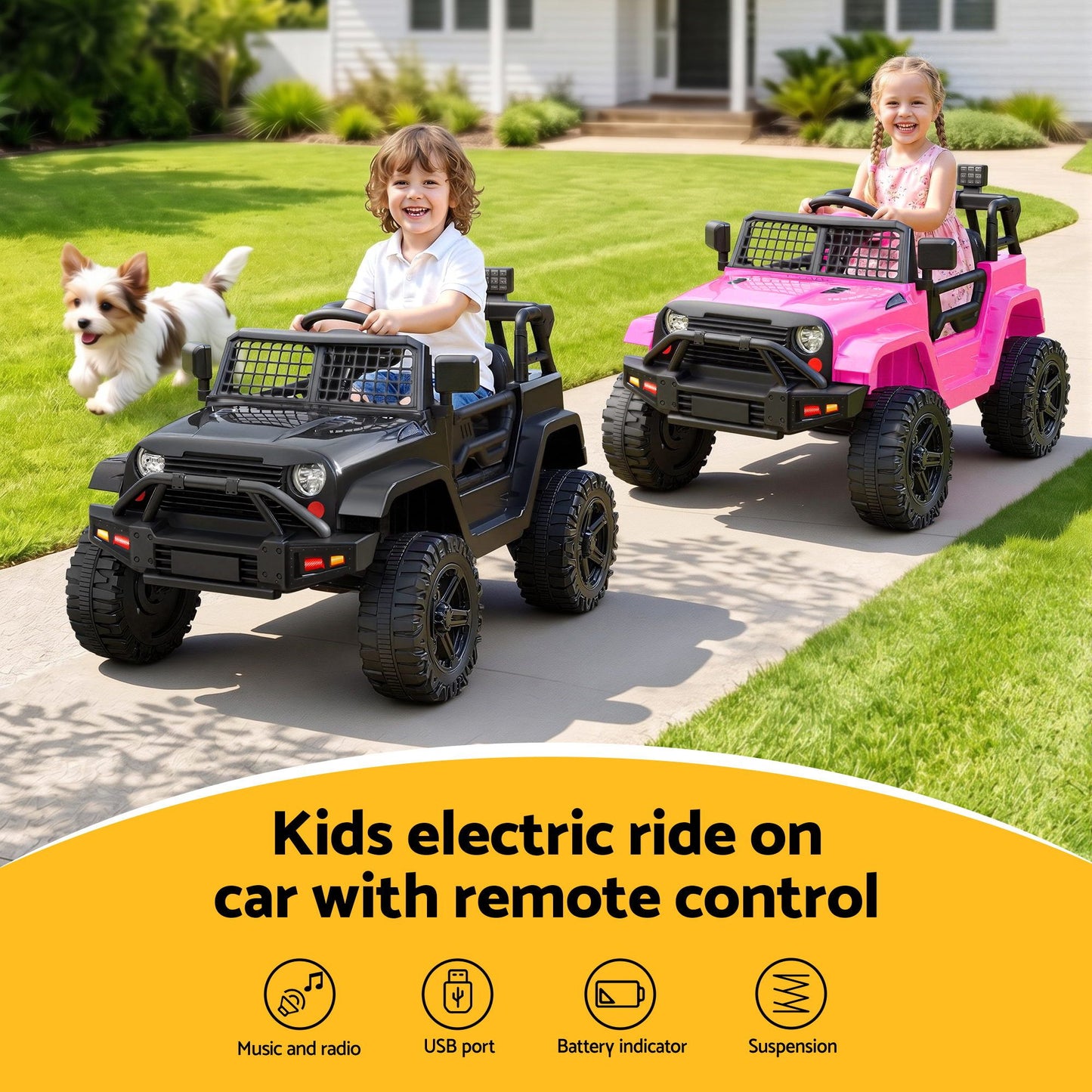2x Rigo Electric Kids Ride On Car Black Pink Off-Road Ride-On Toy with Remote Control Horn Music