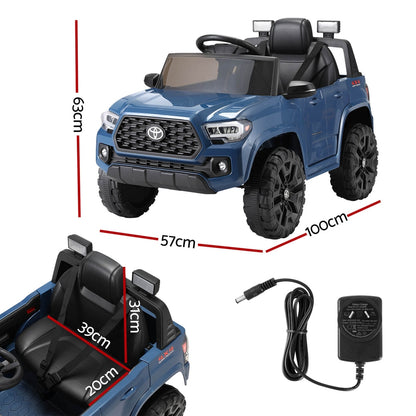 Blue 12V Toyota Tacoma Kids Ride On Car, controlled with remote for hours of fun.