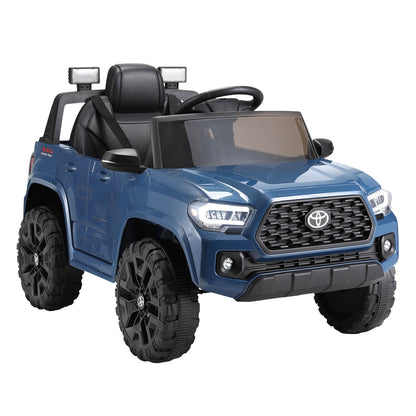 Blue 12V Toyota Tacoma Kids Ride On Car with Remote Control for home fun.