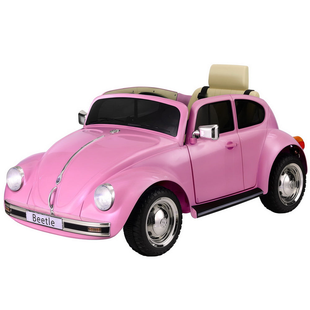 Pink Volkswagen Beetle Kids Ride On Car - 6V Electric with Remote Control, perfect for playtime fun at home.