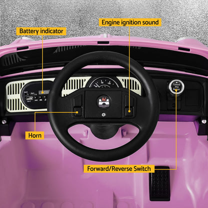 Pink VW Beetle Kids Ride On Car, 6V Electric with Remote, ideal for play at home.