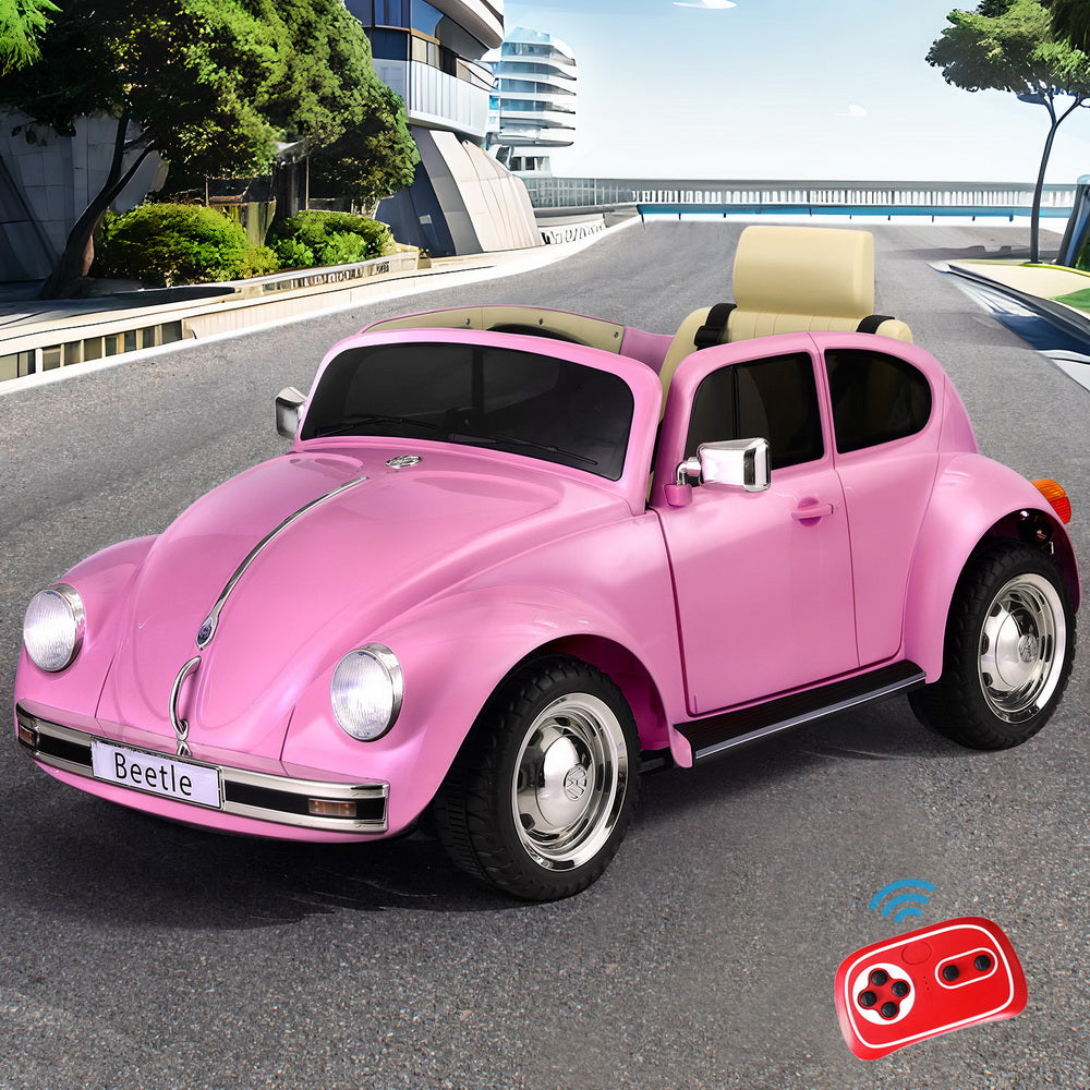 6V pink Volkswagen Beetle kids ride-on car with remote control for home play.