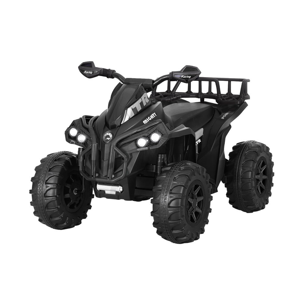 Black electric ATV quad ride-on car for kids, ideal for home play and outdoor fun.