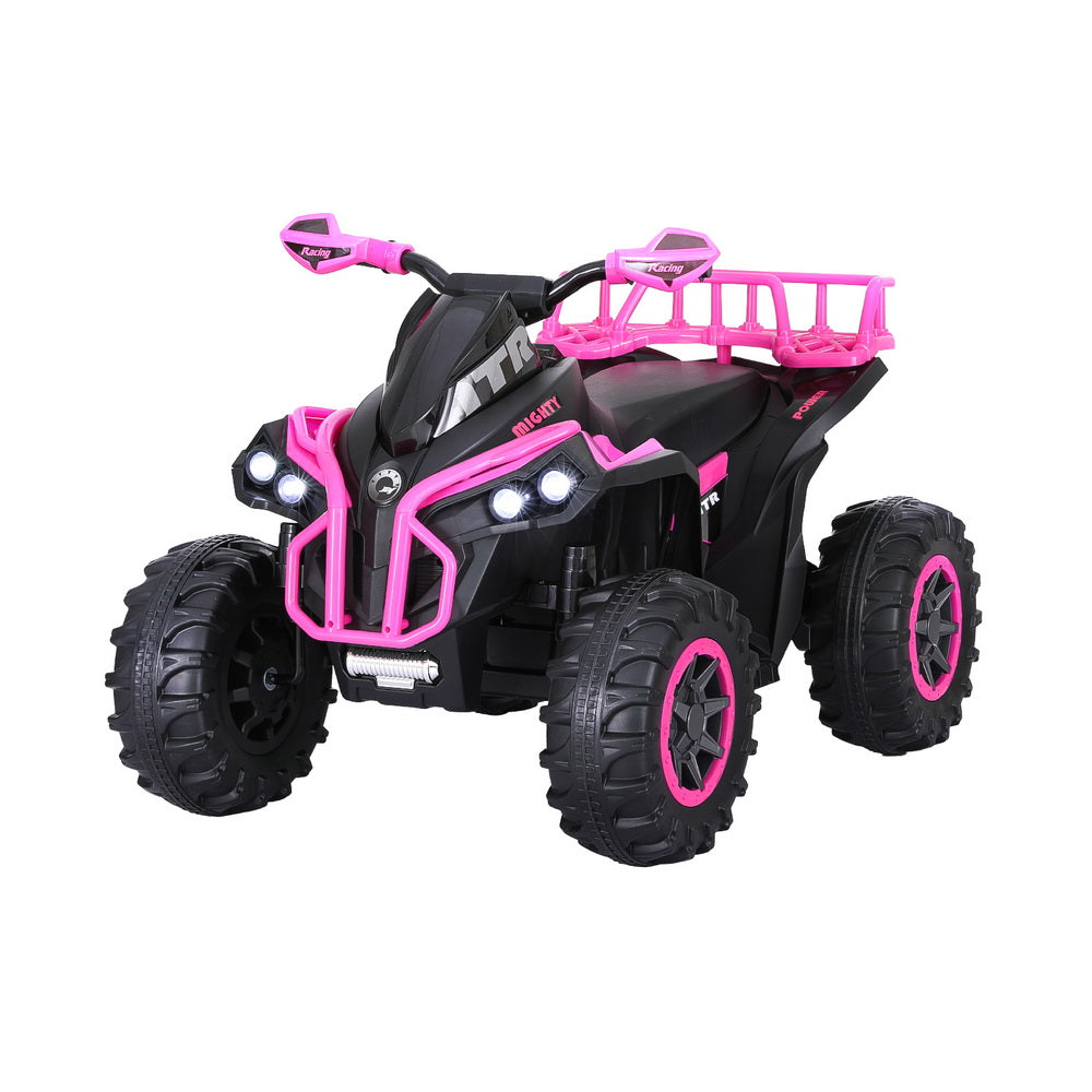 Rigo Kids Electric ATV Quad Ride-On Car in vibrant pink, perfect for outdoor play.