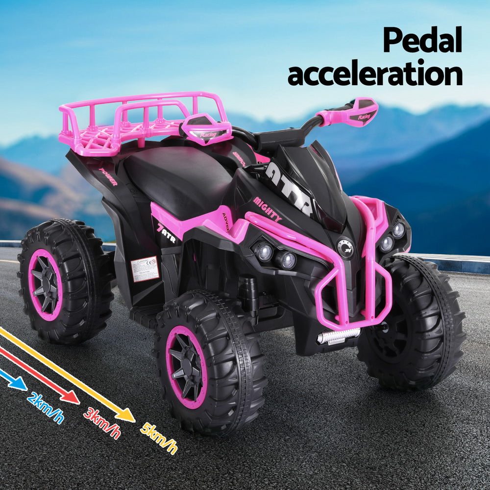 Pink 12V battery-powered kids electric ATV quad ride-on car for fun adventures at home.