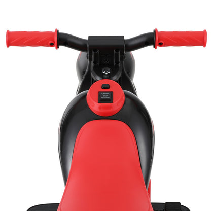 Red 6V electric motorbike ride-on for kids with bubble maker, perfect for outdoor play.