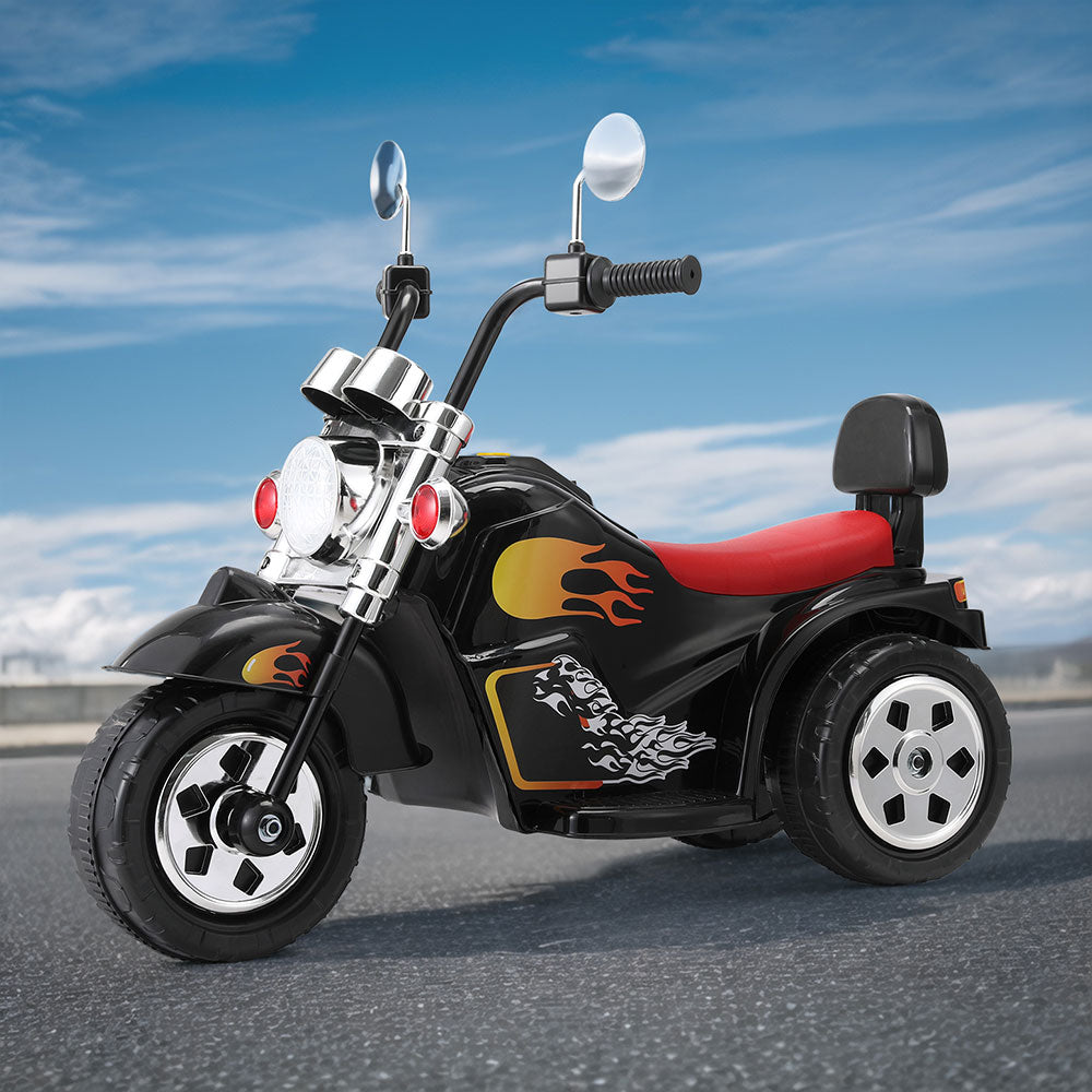 Rigo Kids 6V Black Electric Ride On Motorcycle Toy, perfect for fun home adventures.