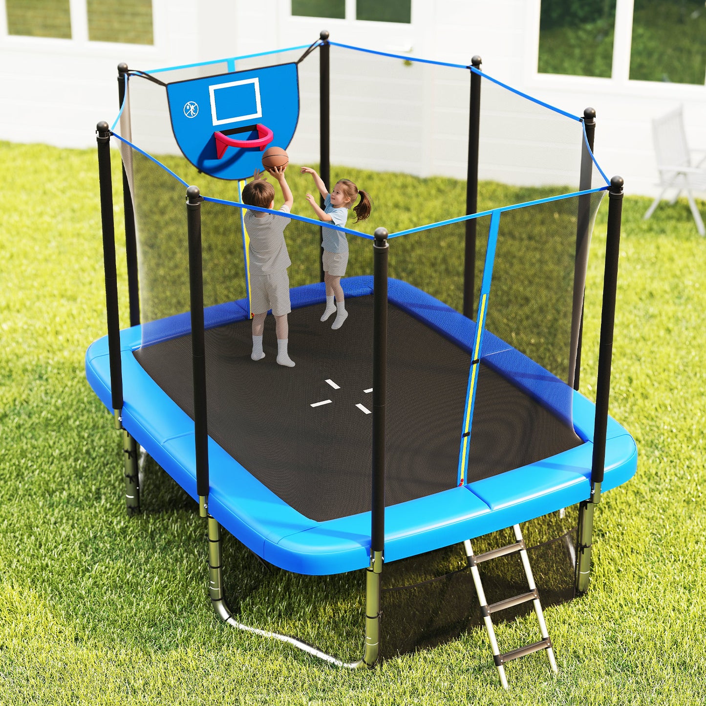 Rectangle 10x8ft Blue Trampoline | Basketball Hoop Soccer Goal