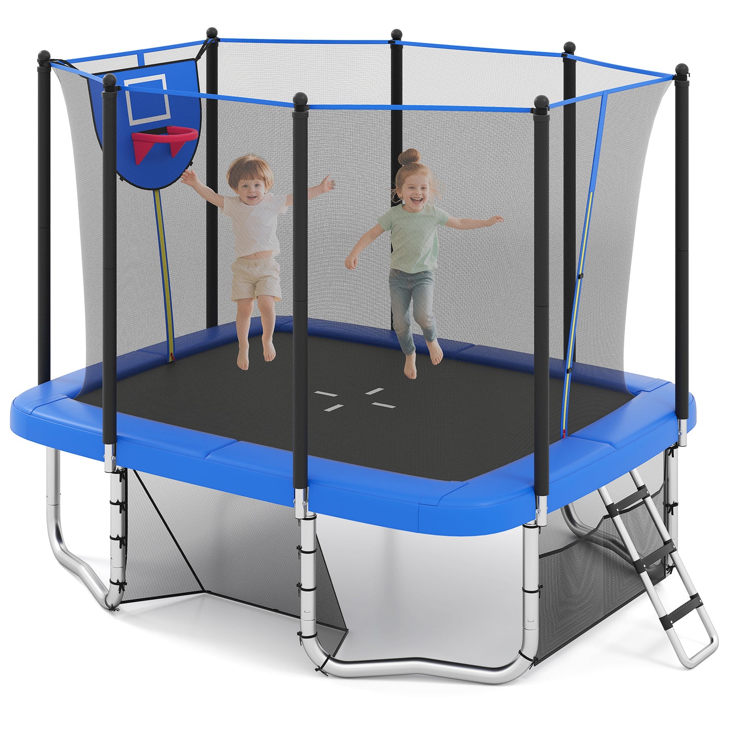 Rectangle 10x8ft Blue Trampoline | Basketball Hoop Soccer Goal