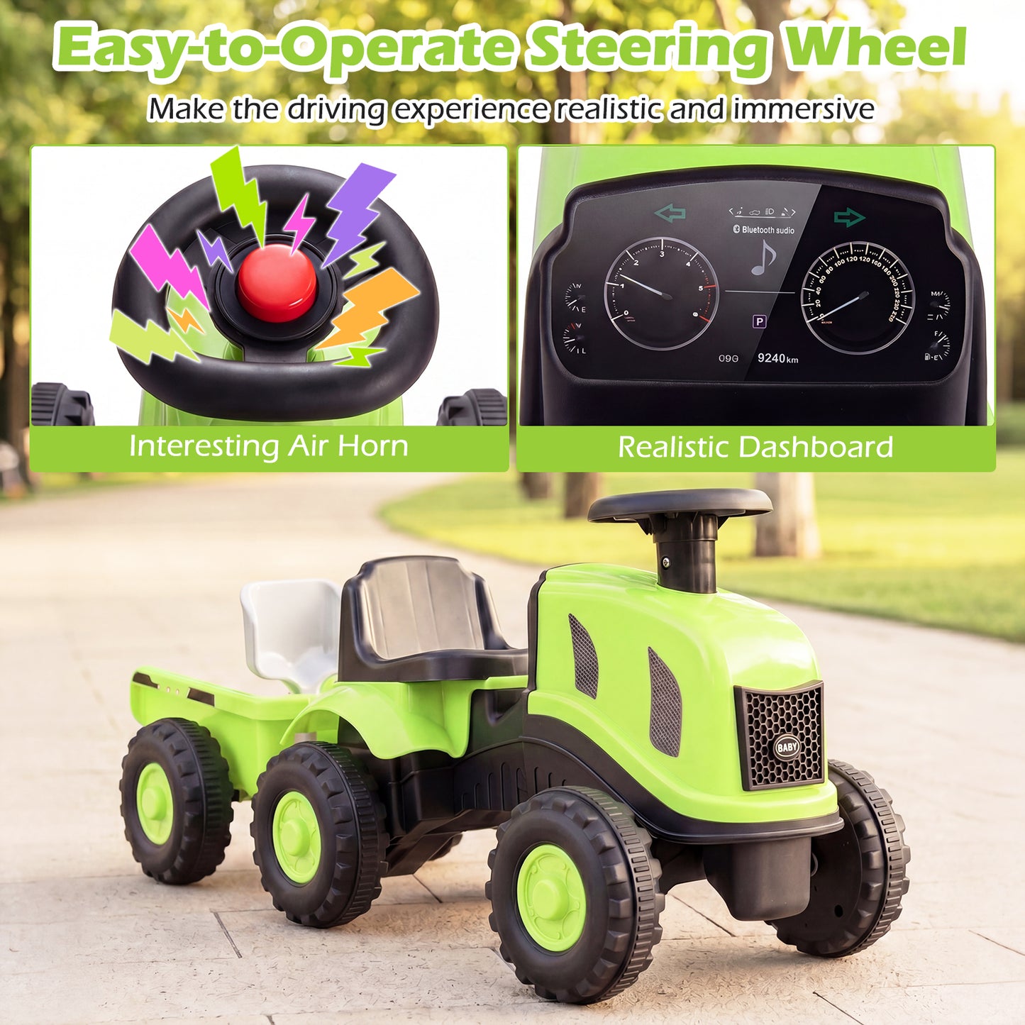 Green Toddler Ride On Push Car With Trailer & Walker Toy