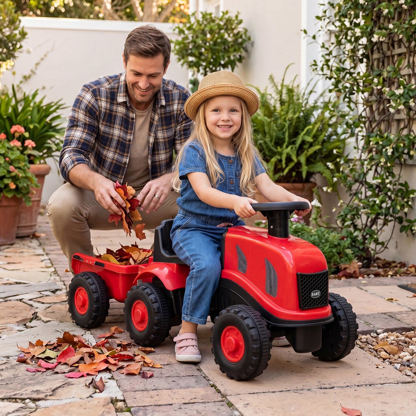 Costway Toddler Ride on Push Car with Trailer and Walker Toy for Ages 18 to 36 Months-Red