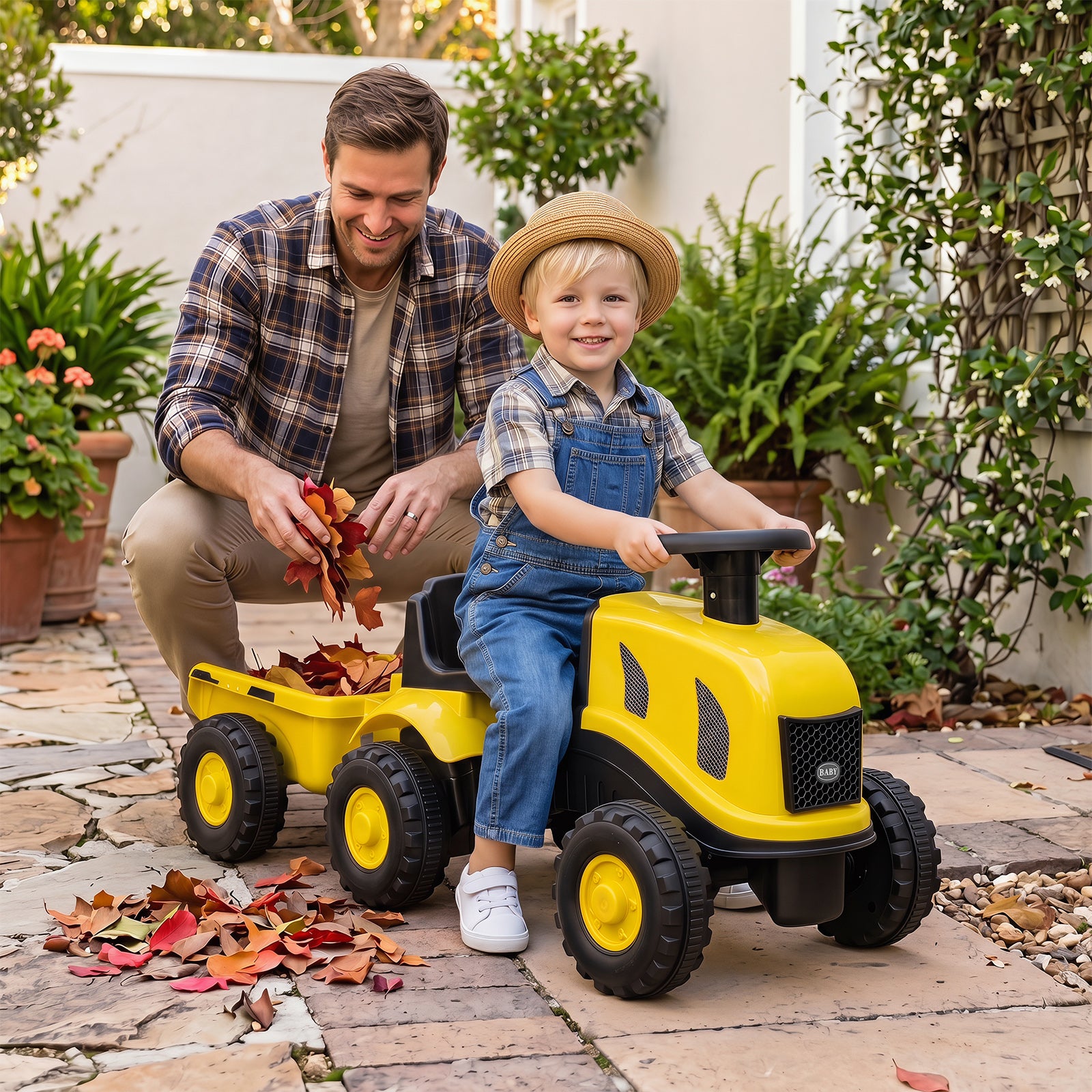 Costway Toddler Ride on Push Car with Trailer and Walker Toy for Ages 18 to 36 Months-Yellow