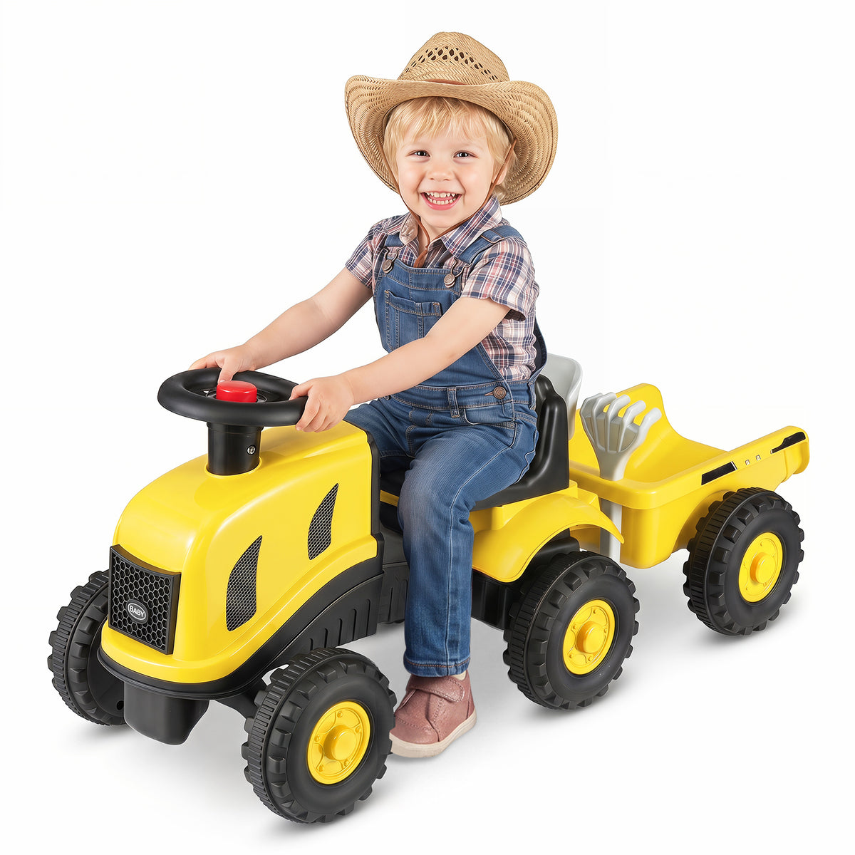 Yellow Toddler Ride On Push Car With Trailer & Walker Toy