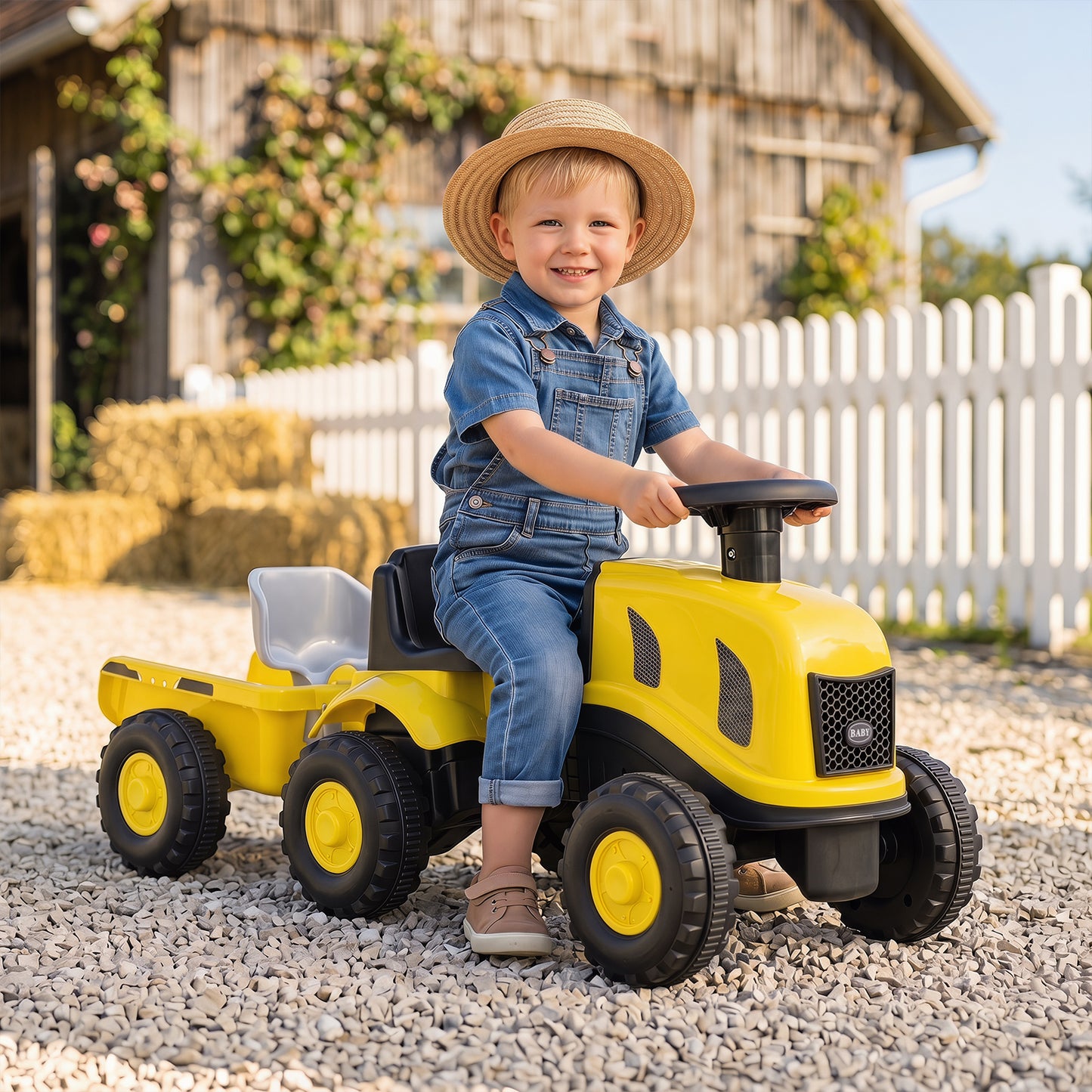 Yellow Toddler Ride On Push Car With Trailer & Walker Toy