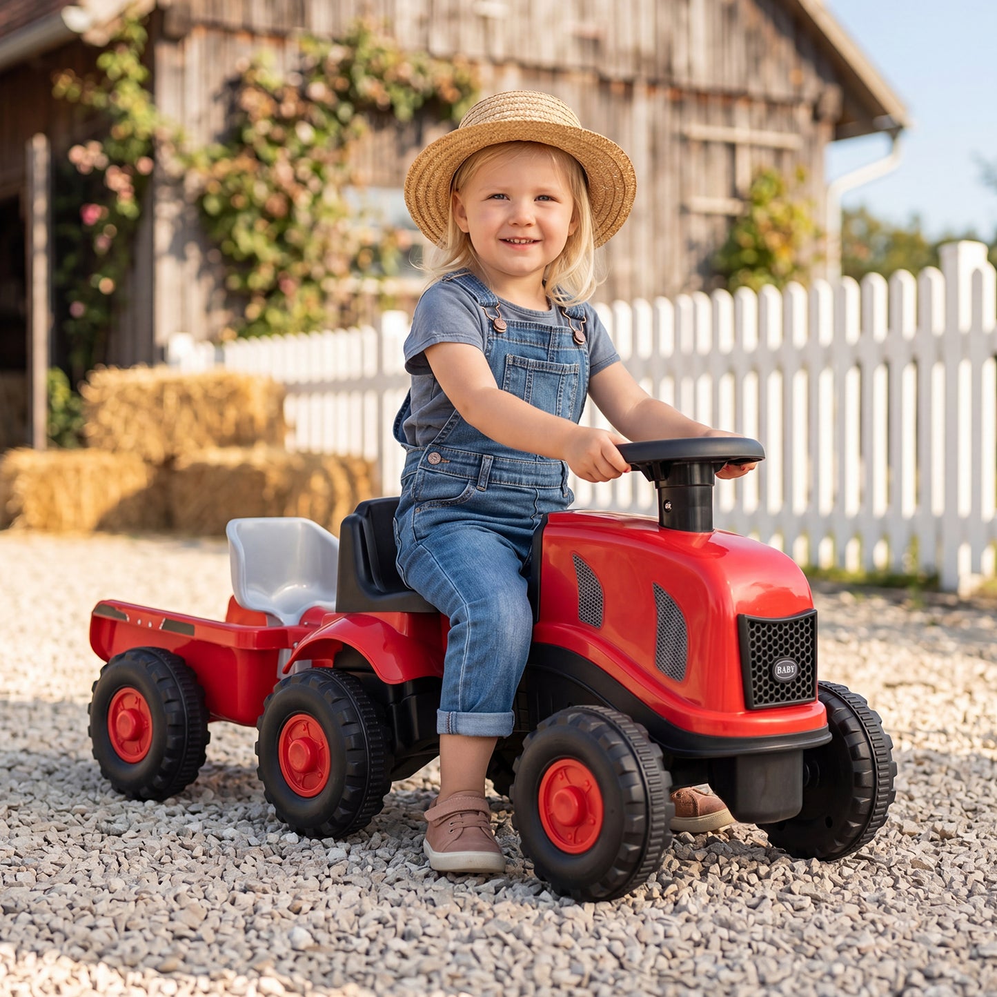 Red Toddler Ride On Push Car With Trailer & Walker Toy