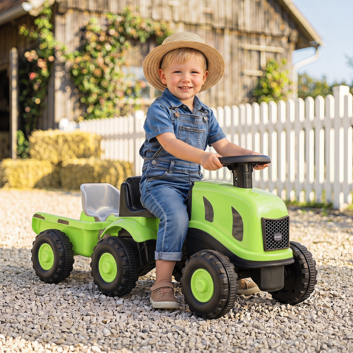 Green Toddler Ride On Push Car With Trailer & Walker Toy