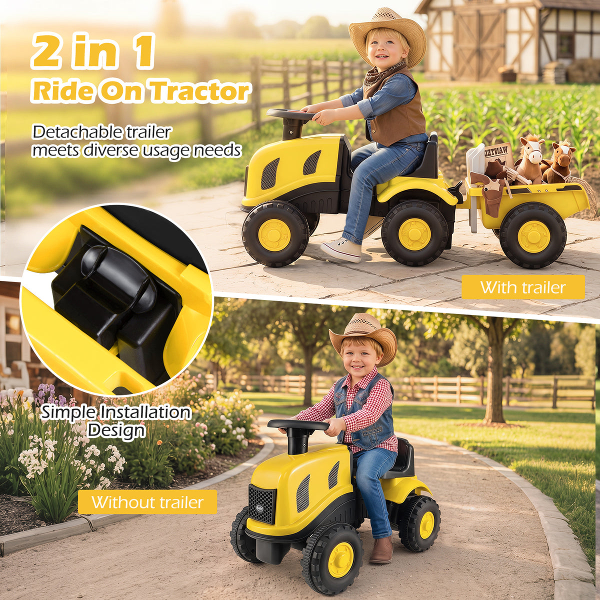 Yellow Toddler Ride On Push Car With Trailer & Walker Toy