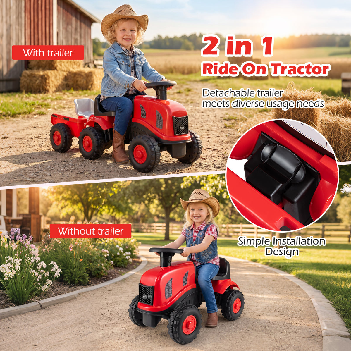 Red Toddler Ride On Push Car With Trailer & Walker Toy