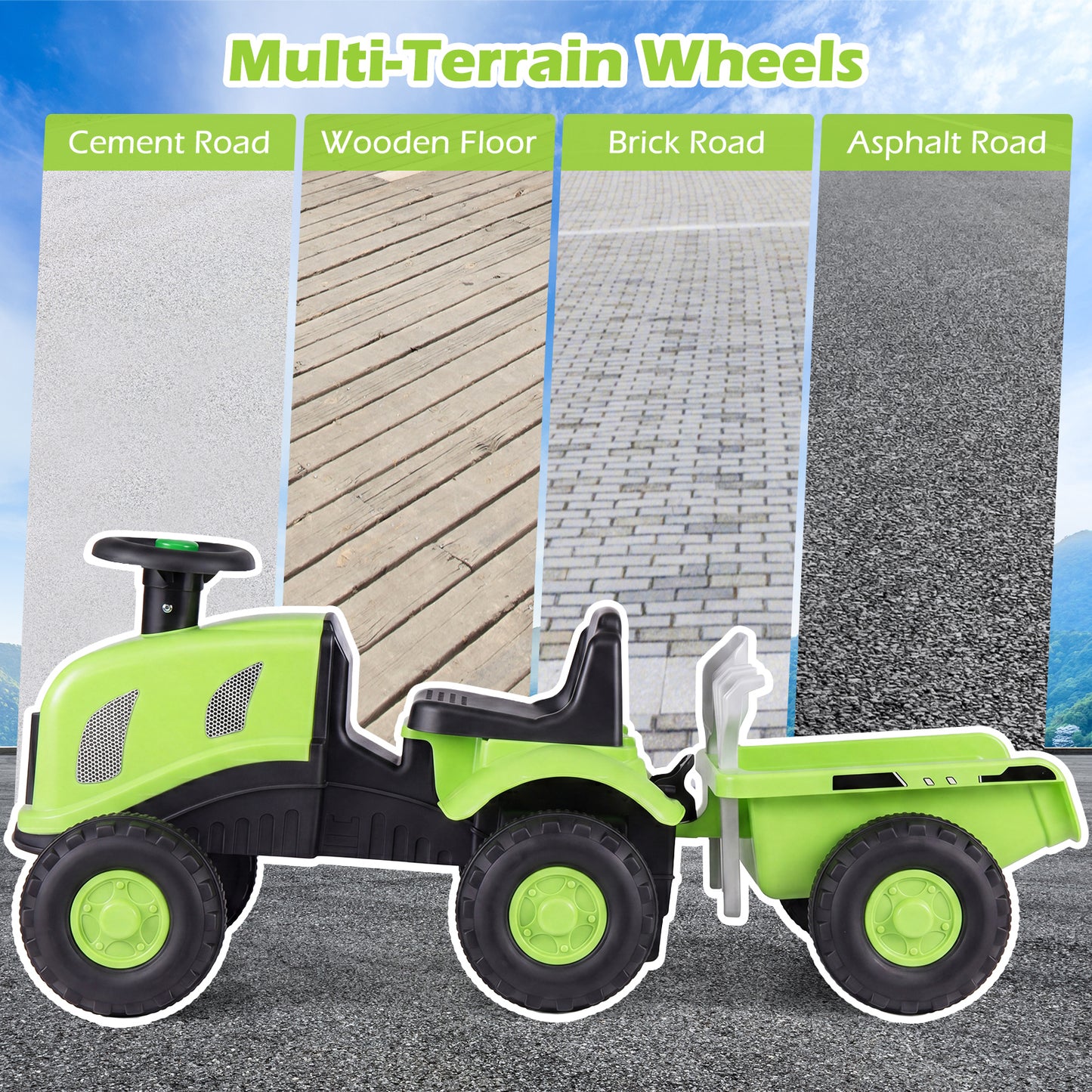 Green Toddler Ride On Push Car With Trailer & Walker Toy
