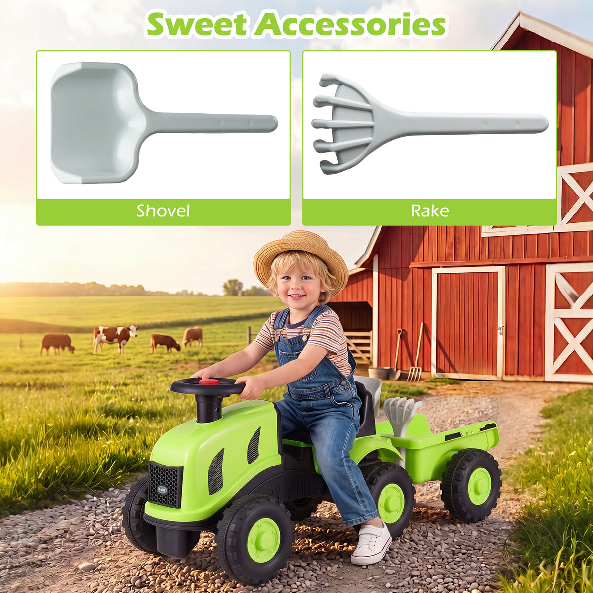 Green Toddler Ride On Push Car With Trailer & Walker Toy