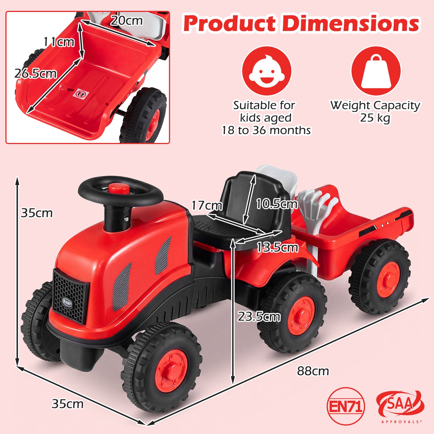 Red Toddler Ride On Push Car With Trailer & Walker Toy