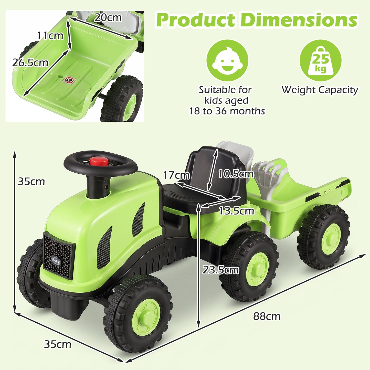 Green Toddler Ride On Push Car With Trailer & Walker Toy