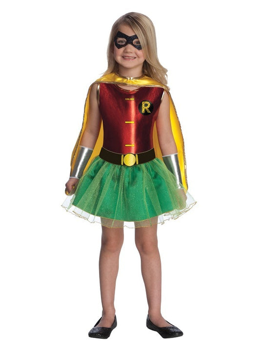 DC Comics Robin costume for kids with dress, cape, and accessories, perfect for imaginative play.