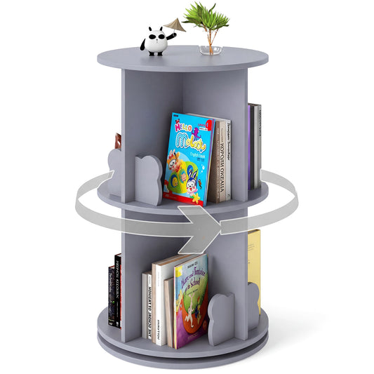 Grey 2 Tier Rotating Kids Bookshelf | Bear Bookends Bookcase