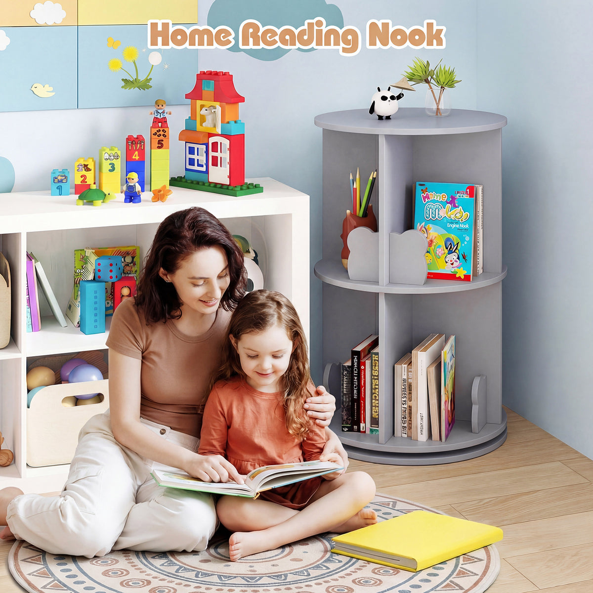 Grey 2 Tier Rotating Kids Bookshelf | Bear Bookends Bookcase