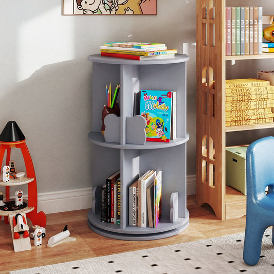 Costway Rotating Bookshelf Cute 2-tier Kids Bookcase with Bear Bookends-Grey