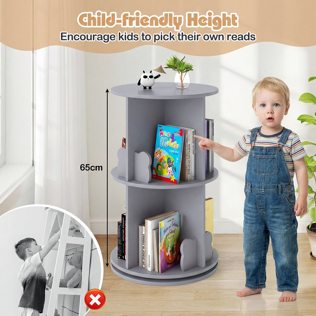 Grey 2 Tier Rotating Kids Bookshelf | Bear Bookends Bookcase
