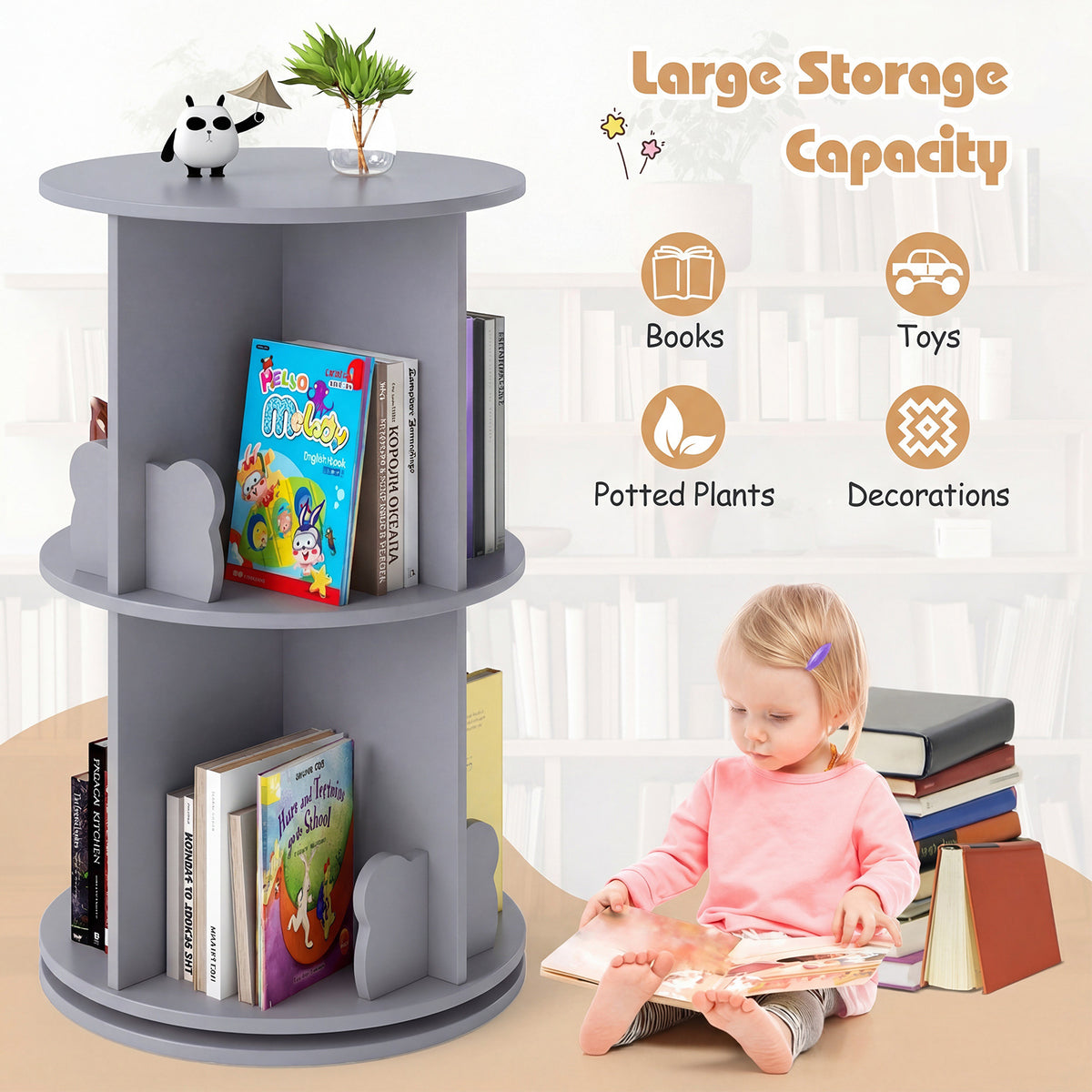 Grey 2 Tier Rotating Kids Bookshelf | Bear Bookends Bookcase