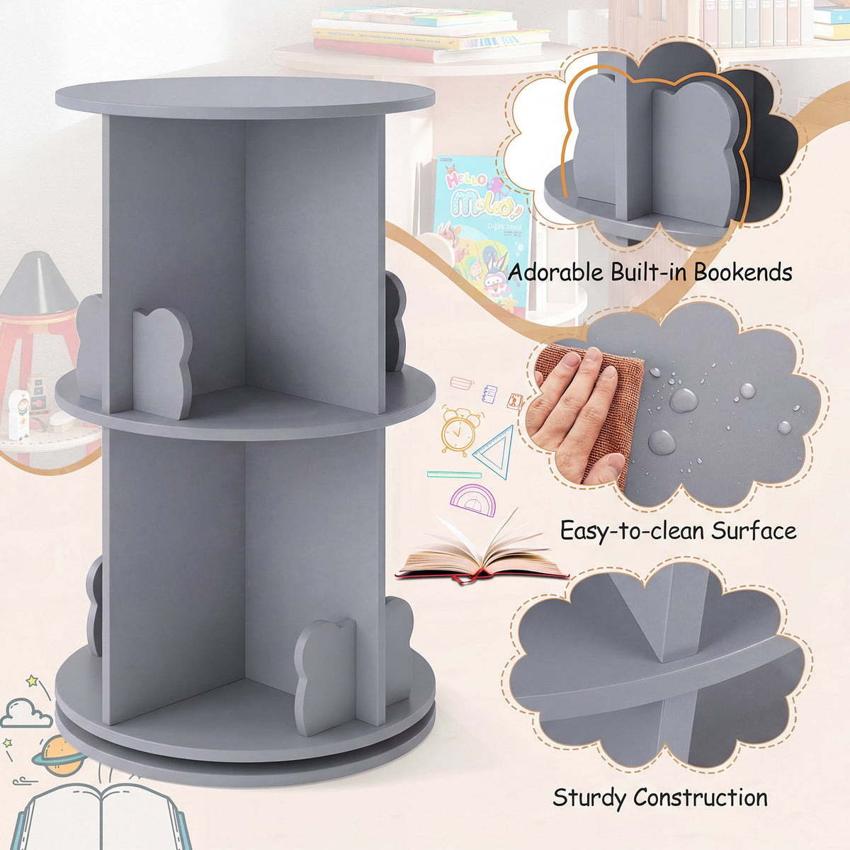 Grey 2 Tier Rotating Kids Bookshelf | Bear Bookends Bookcase