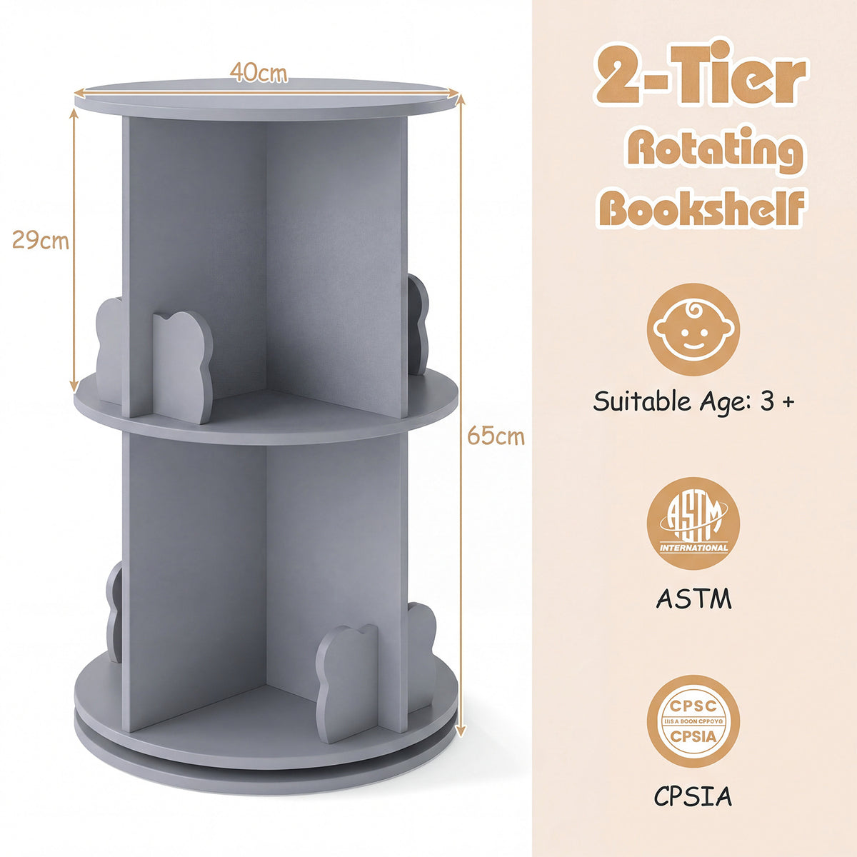 Grey 2 Tier Rotating Kids Bookshelf | Bear Bookends Bookcase