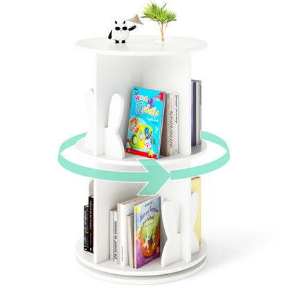 White 360° Rotating Kids Bookshelf | 2 Tier with Bunny Ends
