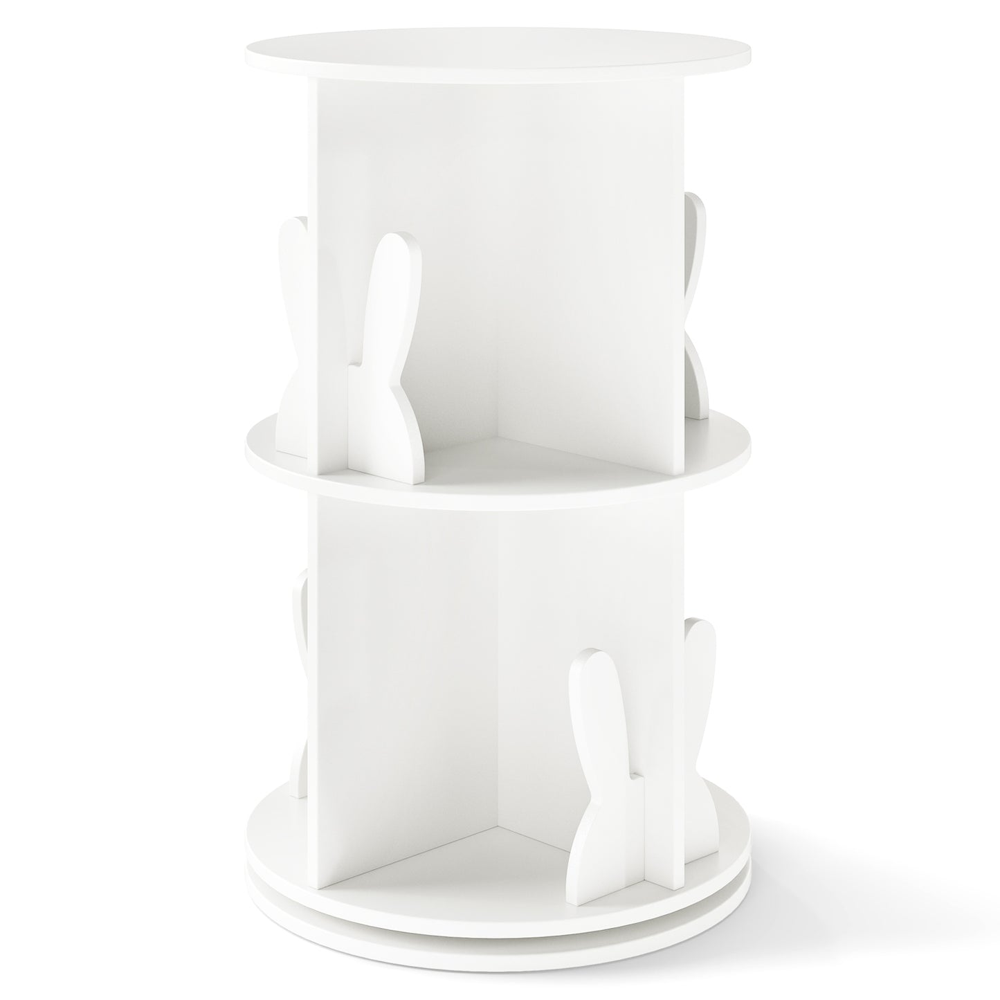 White 360° Rotating Kids Bookshelf | 2 Tier with Bunny Ends