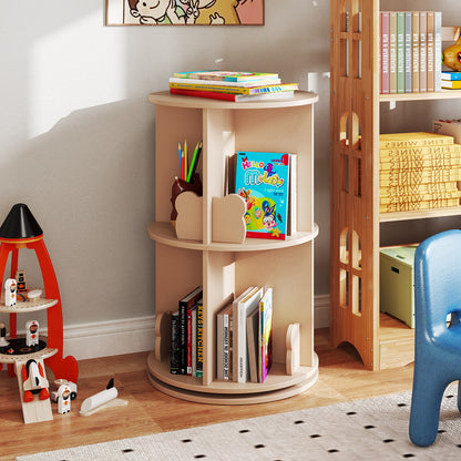 Rotating Bookshelf Cute 2-tier Kids Bookcase with Bear Bookends-Natural