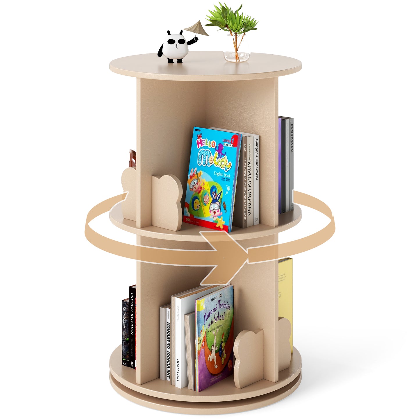 360° Rotating Bookshelf | 2 Tier Kids Bookcase Bear Bookends