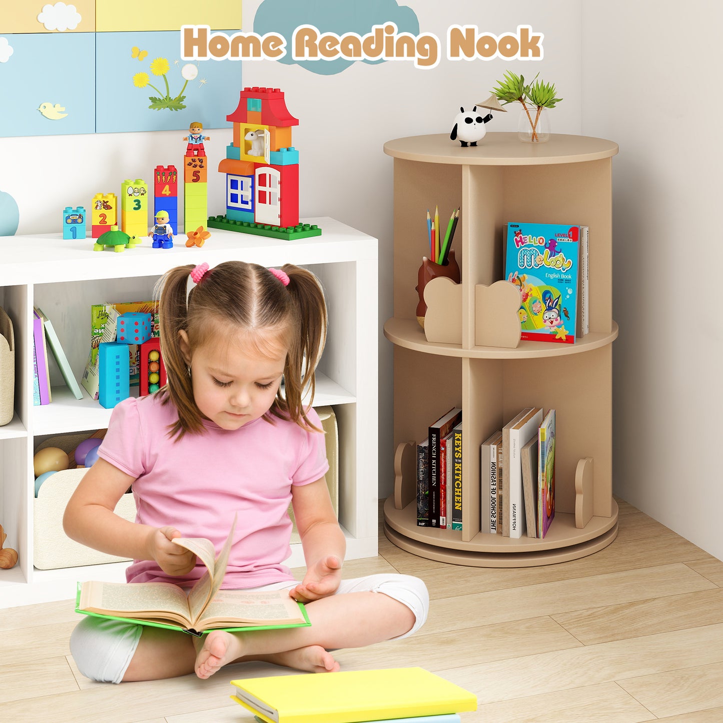 360° Rotating Bookshelf | 2 Tier Kids Bookcase Bear Bookends