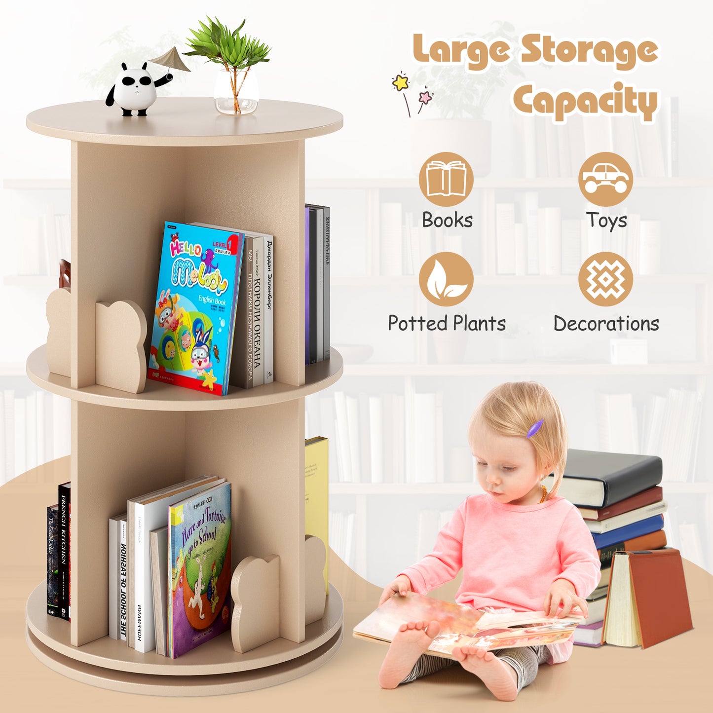 360° Rotating Bookshelf | 2 Tier Kids Bookcase Bear Bookends