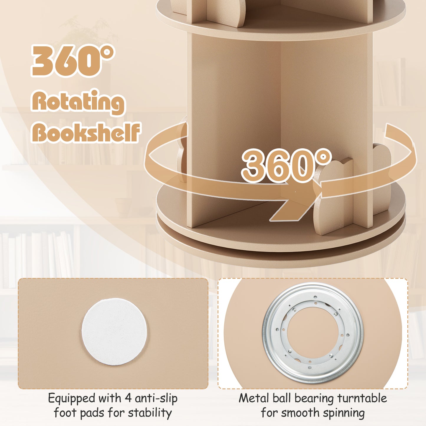 360° Rotating Bookshelf | 2 Tier Kids Bookcase Bear Bookends