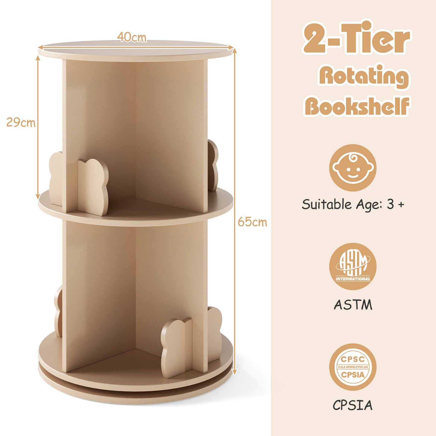 360° Rotating Bookshelf | 2 Tier Kids Bookcase Bear Bookends