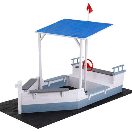 Wooden boat-shaped sandpit with blue canopy and flag offers nautical-themed outdoor play for children.