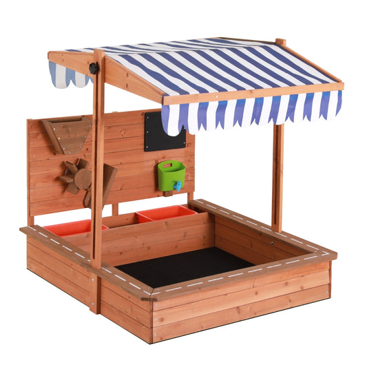 Wooden sandbox with canopy, cover, and funnel offers outdoor play in a spacious 110cm frame.