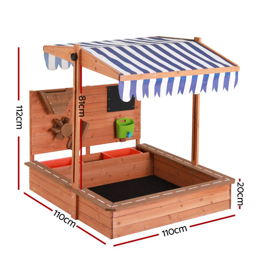 Wooden outdoor sandbox with canopy, cover, and funnel offers shaded play and interactive sand activities for children.