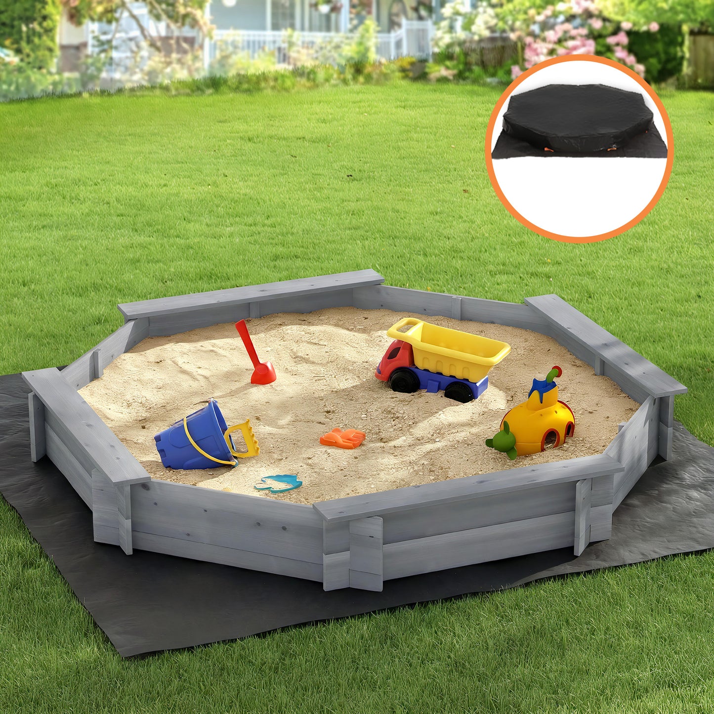 Keezi Kids Sandpit Wooden Round Sand Pit with Cover Bench Seat 182cm Grey