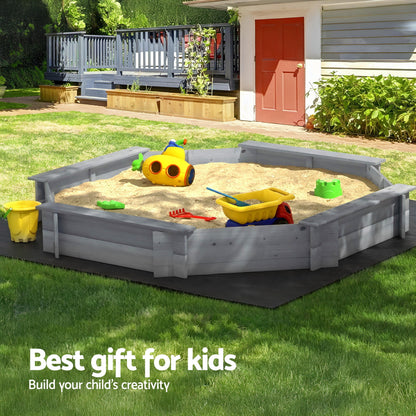 Keezi Kids Sandpit Wooden Round Sand Pit with Cover Bench Seat 182cm Grey